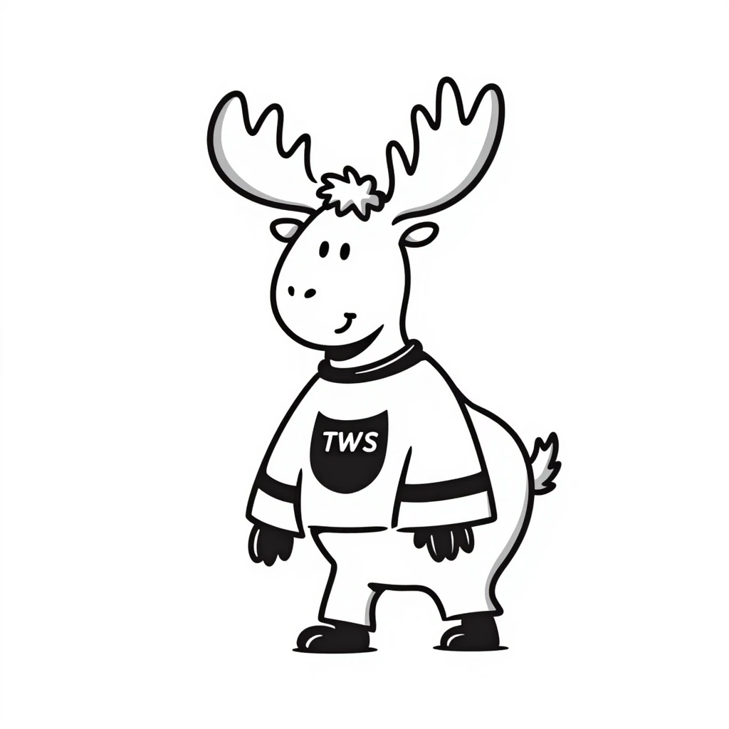 a hand-drawn doodle style moose with a 'TWS' hockey jersey emoji