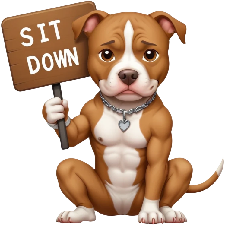 Pit bull holding a sign that says SIT DOWN emoji