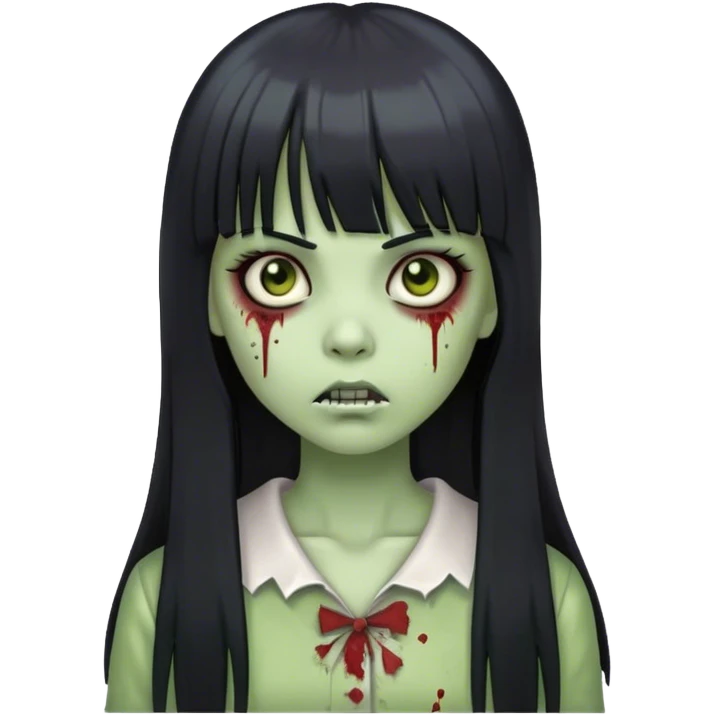 zombie girl with long straight black hair and bangs with light green skin  emoji