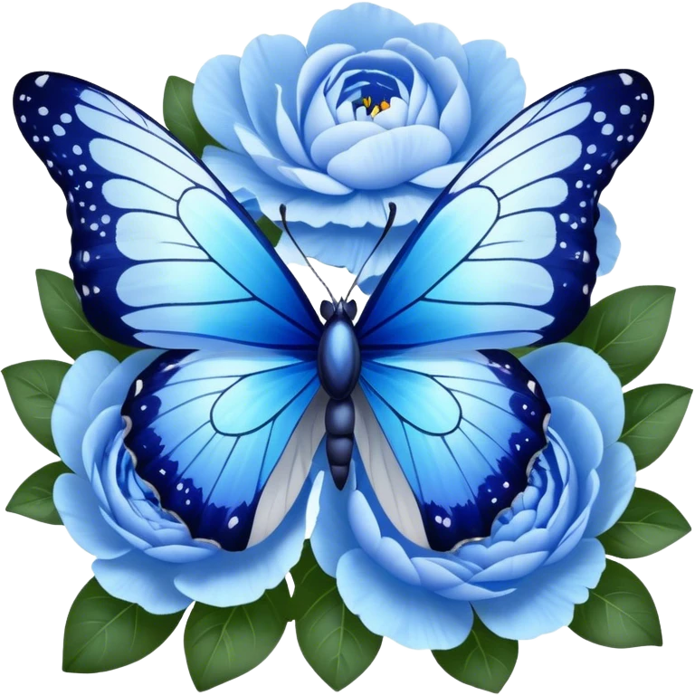 A mesmerizing butterfly with sapphire blue and icy blue wings, delicately speckled with silver, gracefully resting on a lush bouquet of pastel blue peonies and deep blue pansies, their velvety petals glistening with morning dew. emoji