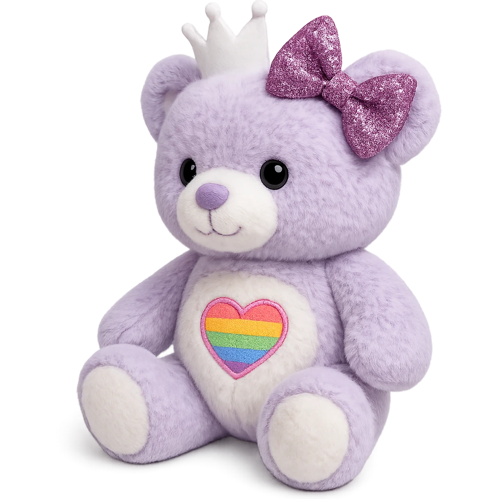 Add a glittery bow that sparkles to the purple and white teddy bear with a heart-shaped rainbow patch and a white crown. Keep the bear soft and plush, with no shadows and flat lighting. Remove the background. emoji