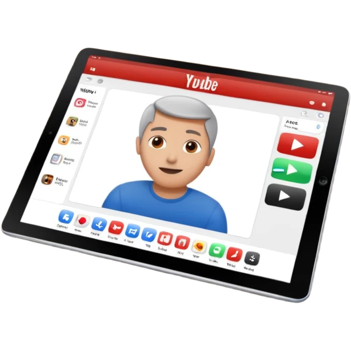 An iPad lying on a desk. On the iPad screen, a YouTube video is playing. The video shows a man talking to camera. The YouTube interface is visible with play bar and title. emoji