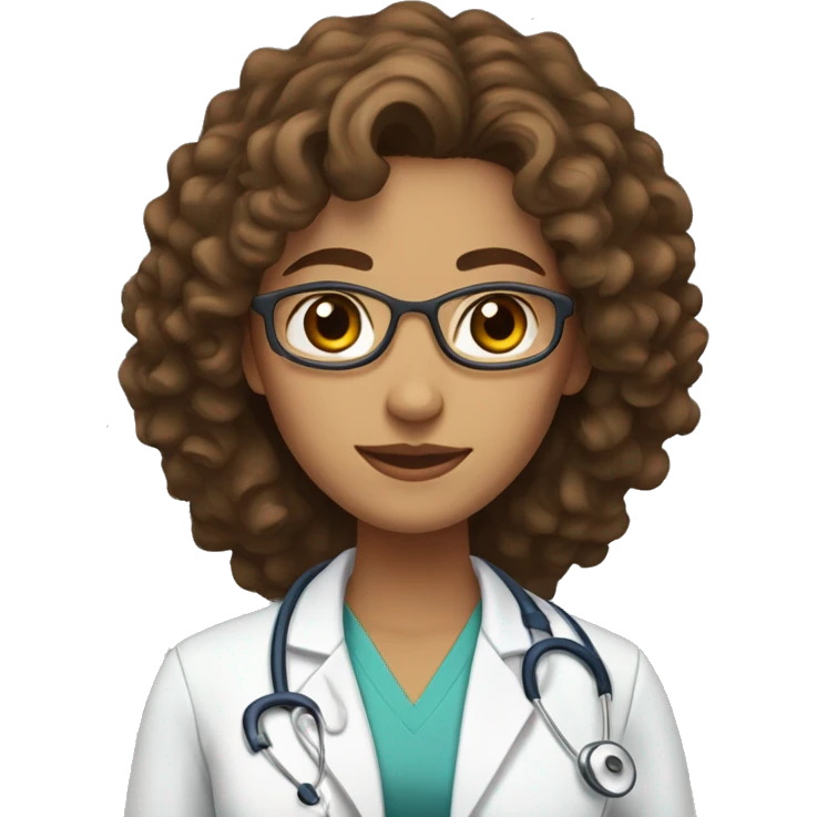 Doctor woman with curly brown long hair, brown eyes, medium skin emoji