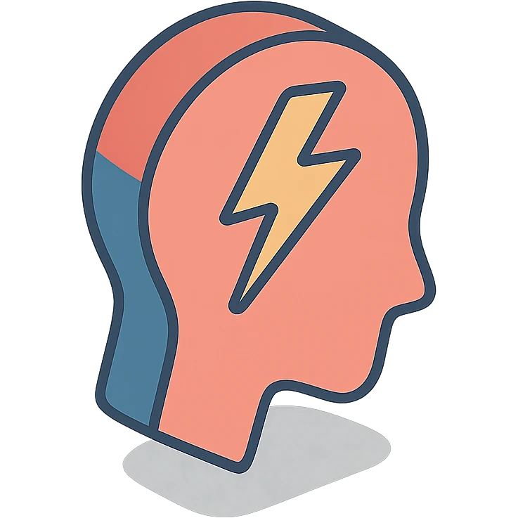 silhouette of a head with a lightning bolt passing through the temple area symbolizing headache, clear shadows and highlights, 2D isometric style emoji