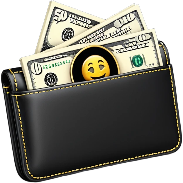 Rich emoji style black leather wallet with dollar bills, luxury money vibe, premium 3D emoji, ultra clean, high detail, no background
 emoji