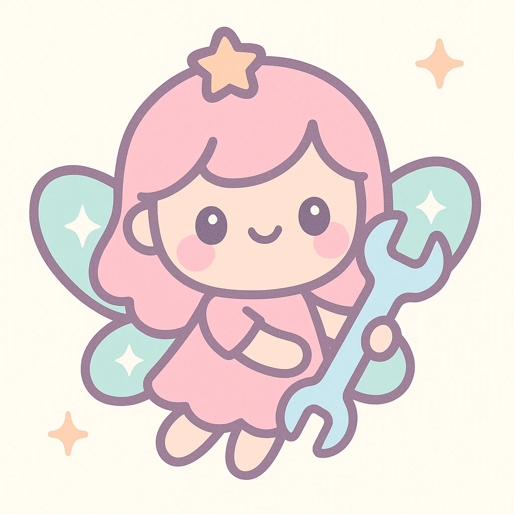 a cute pink fairy with sparkly wings, holding a wrench, kawaii style emoji