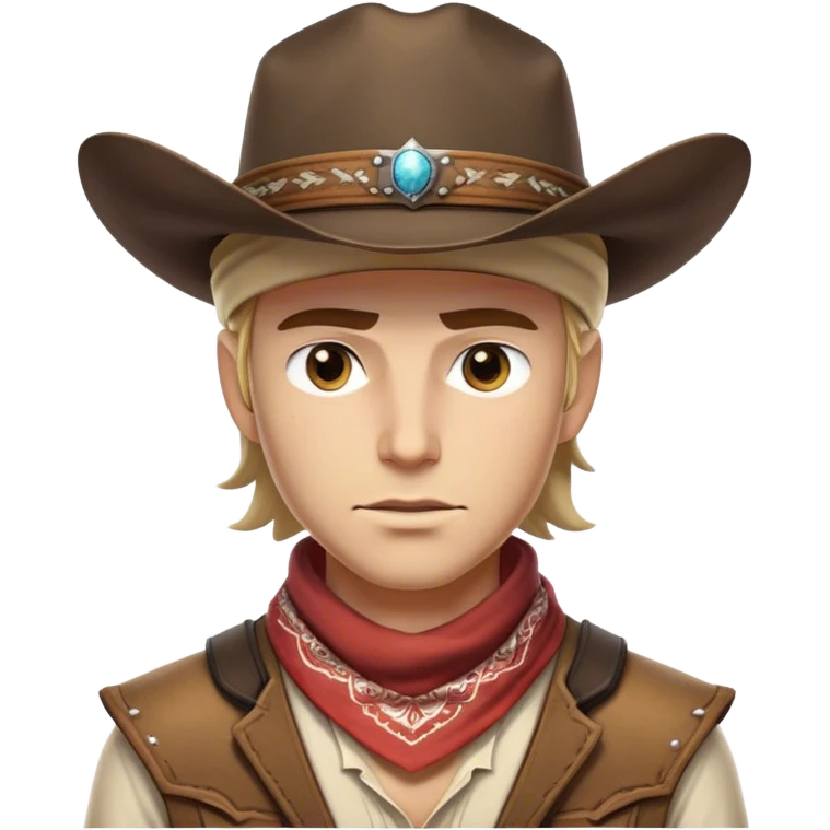 Clash of Clans aesthetic friendly Cowboy Portrait Emoji, With a rugged yet stylized build wearing a classic wide-brimmed hat and bandana, his face rendered in a natural skin tone (not yellow), determined eyes and a steely gaze, Simplified yet dynamic features, highly detailed, glowing with a warm, sunlit frontier radiance, high shine, brave and spirited, stylized with an air of Wild West heroism, focused and ready, soft glowing outline, capturing the essence of a fearless cowboy adventurer ready to ride into epic quests! emoji