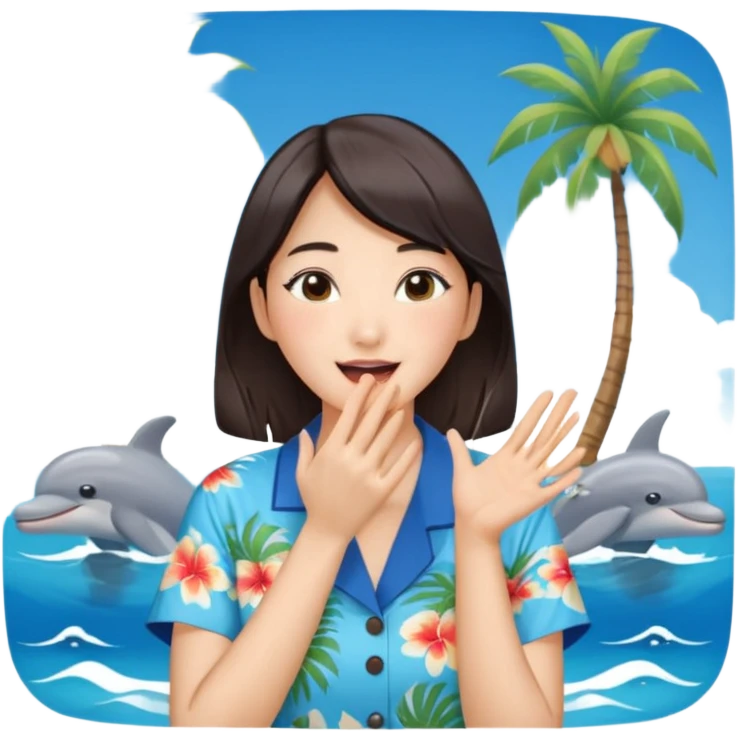 들뜬 표정의 20대 한국 여자, 여름 옷차림, 두 손으로 입을 감싸 “괌 가자~” 외치는 포즈. 민트색 배경, 밝고 유쾌한 광고 포스터 느낌,

옷이 더 하와이안 셔츠였음 좋겠어

멀리 있는 사람을 부르는 것처럼 

배경이 바다였음 좋겠어 약간 야자수랑 돌핀도 있고

멀~리 있는 사람을 부르는 손! emoji