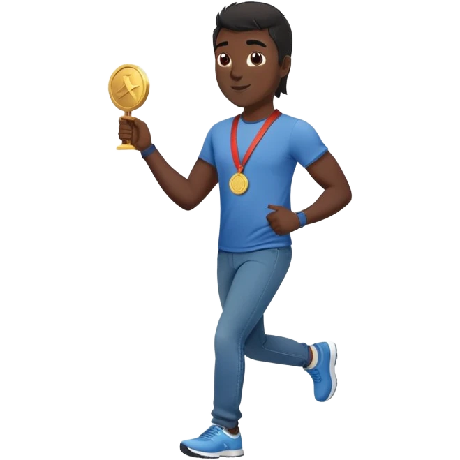 friendly anthropomorphised black stallion in jeans and a t-shirt, jogging upright in standard pose, holding a medal emoji