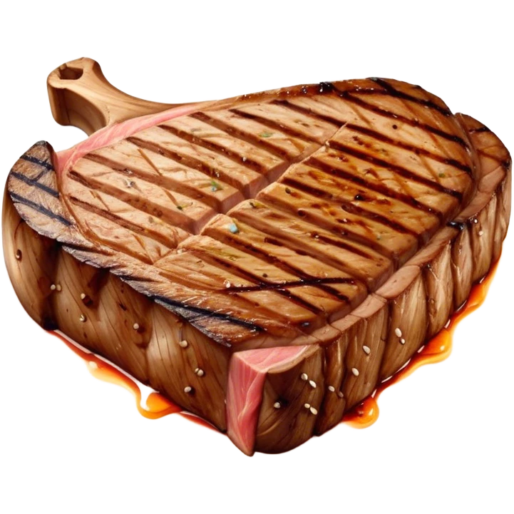 Cinematic thick-cut scotch t-bone steak, perfectly seared with grill marks, a grilled center, rich and savory, warm glow, sizzling and mouthwatering, highly detailed and appetizing. emoji