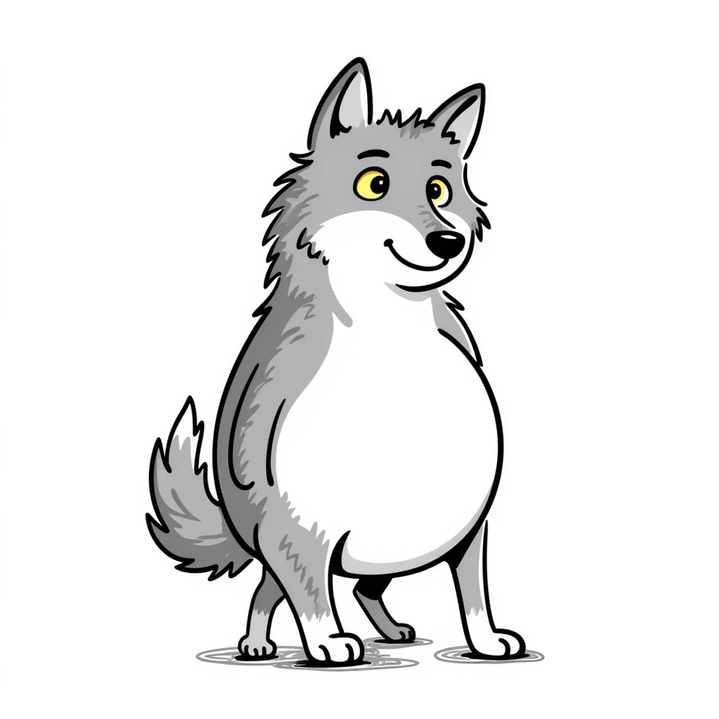 Wolf with enormous pregnant belly, gray fur, yellow eyes, standing sideways to show the large belly emoji