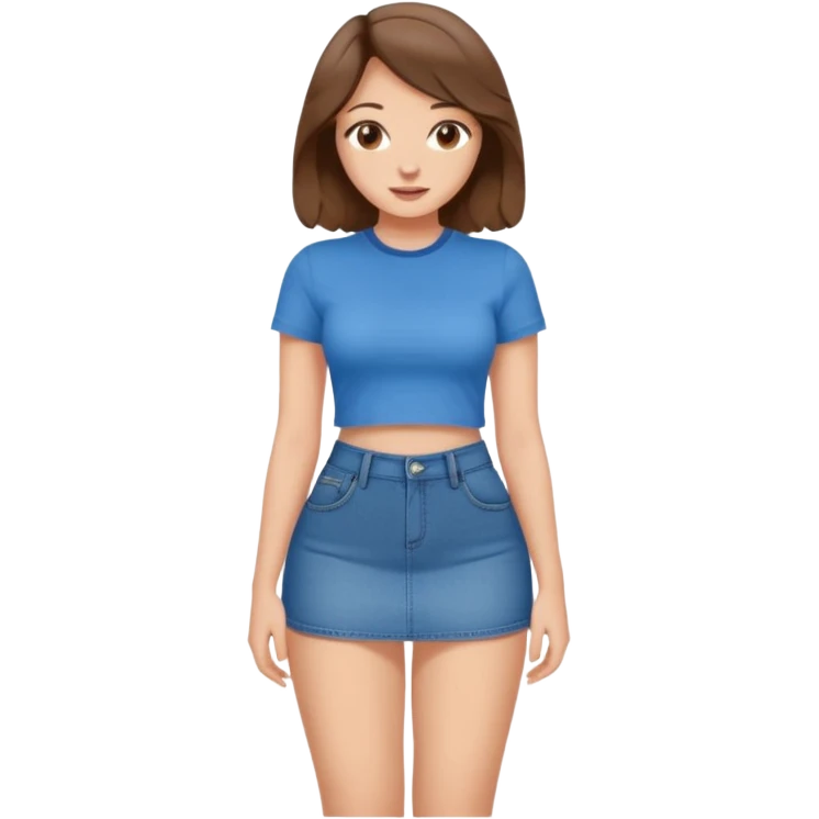 Brown wavy shoulder length hair brown hazel eyes big butt & chest small thin waste long curvy legs cute face with a blue Jean mini skirt & a t shirt that says bite me emoji