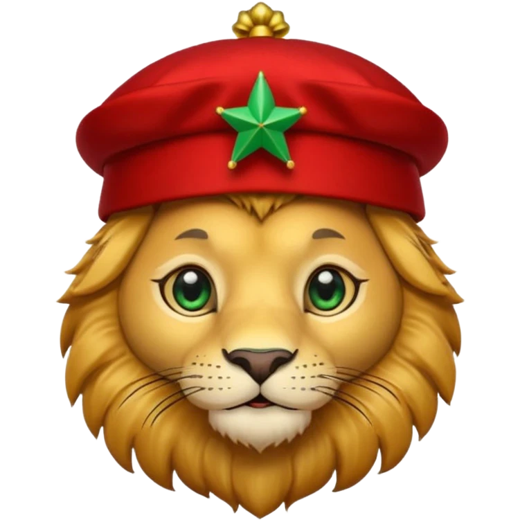 Cute lion face emoji with golden fur, big round eyes, and a friendly expression. Wearing a red Moroccan fez hat with a green star on the front and a small black tassel on the side emoji