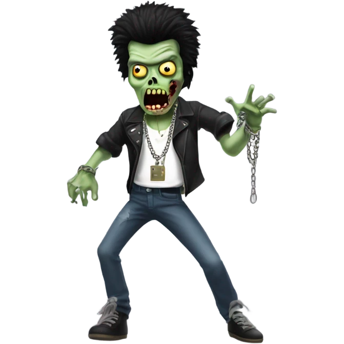 dancing black haired sid vicious zombie, wearing a necklace which has a padlock on it emoji