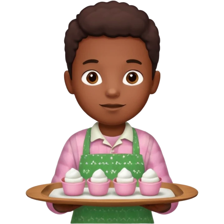 A young black vendor boy with pink cheeks, holding a tray of marshmallow-topped cocoa wearign green patterned apron emoji