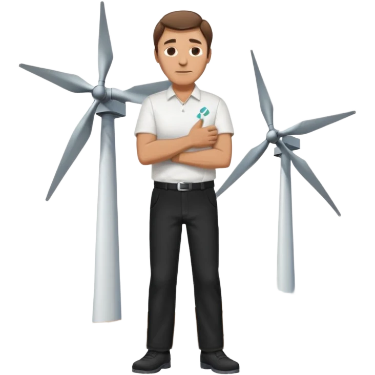 an older white man with brown hair and a white shirt and black pants hugging a wind turbine emoji