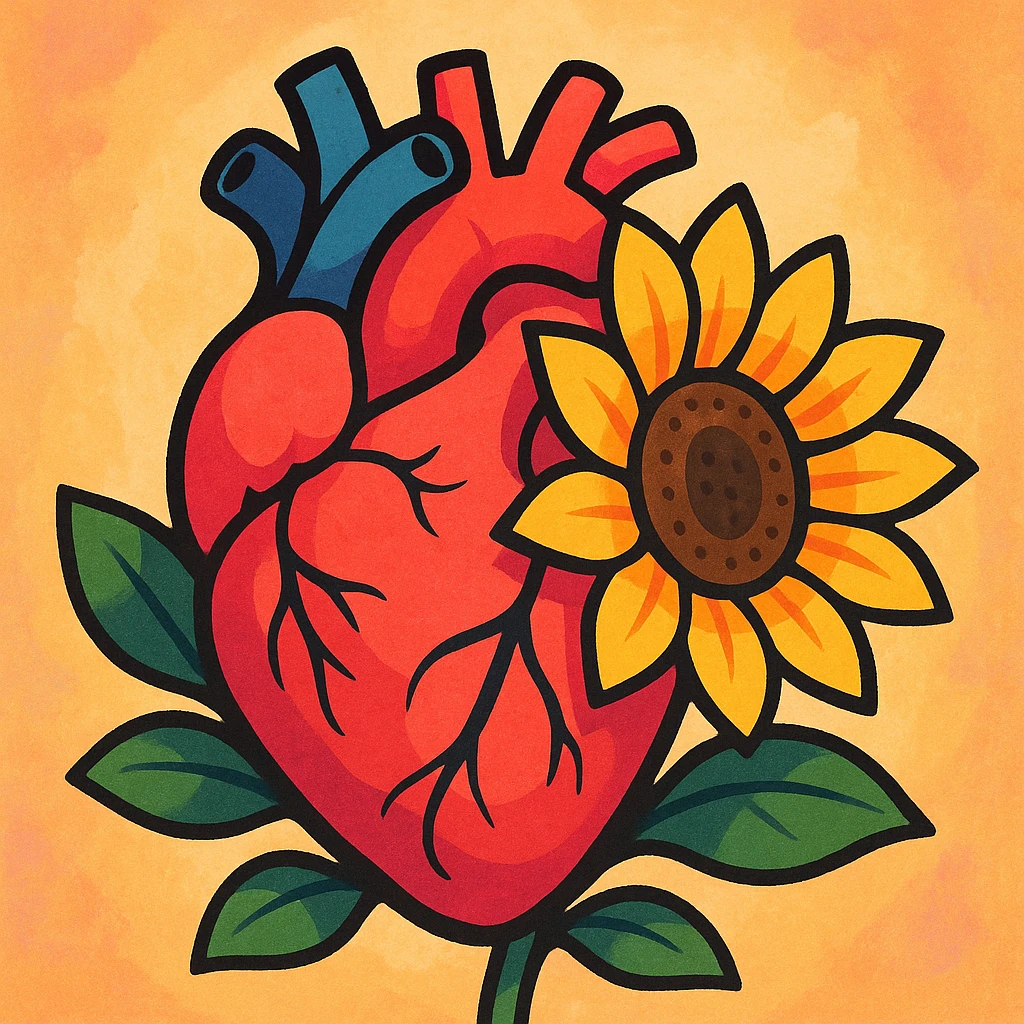 a human heart embraced by a blooming sunflower, soft painterly style emoji