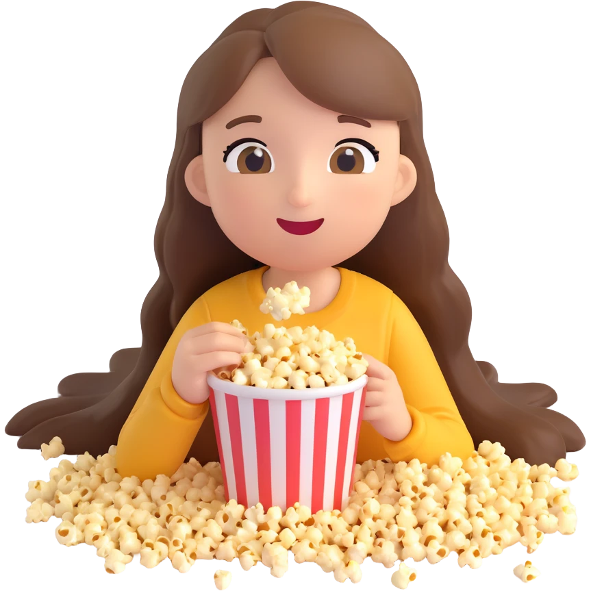 white girl with long hair, cheerful, eating popcorn on the floor, emoji style emoji