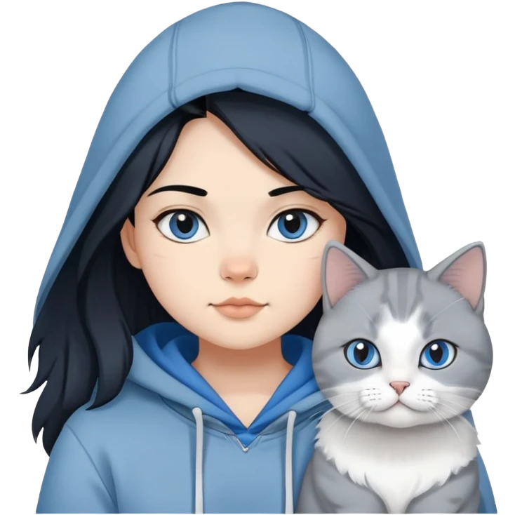 Girl with black hair in gray hoodie with a British shorthair blue and white cat and a long-haired blue and white cat emoji