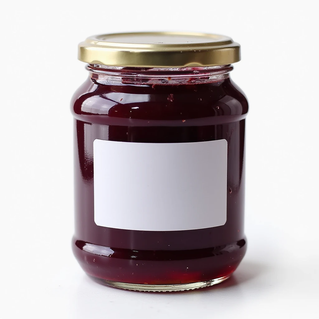 realistic grape jelly, glossy purple, in a glass jar with a label emoji