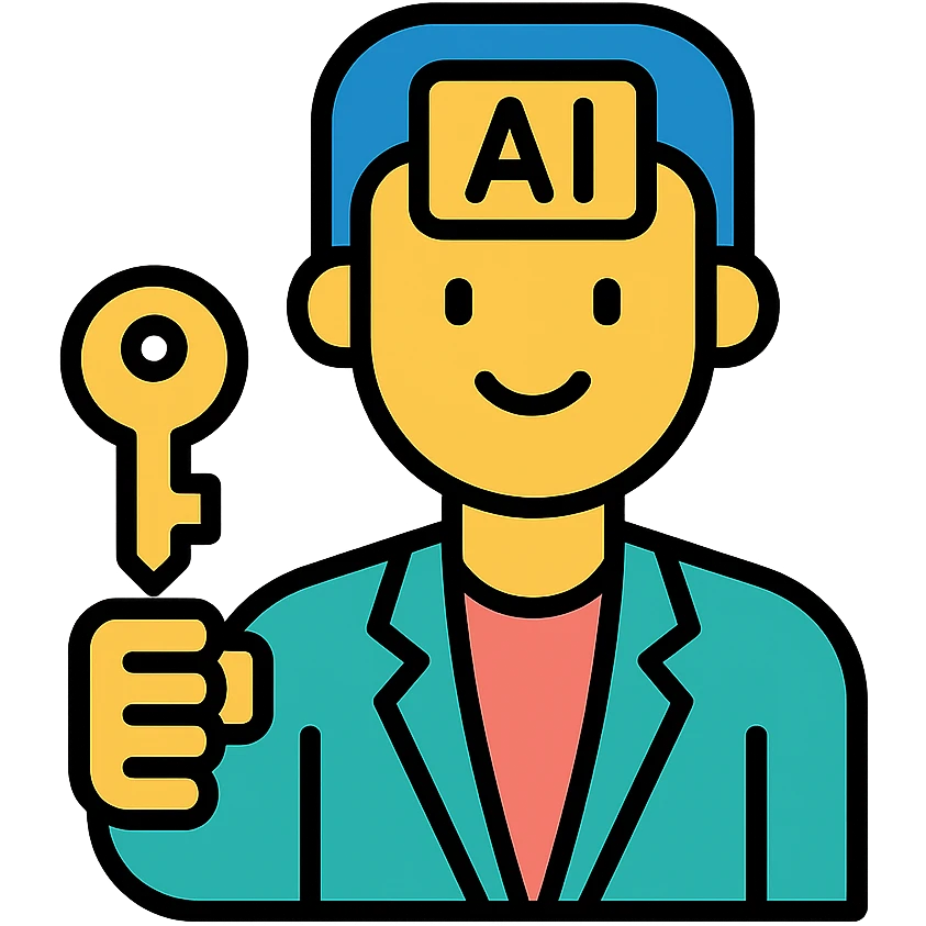 AI avatar for real estate, approachable, holding a house key, smart-casual outfit, clean background, vector style emoji