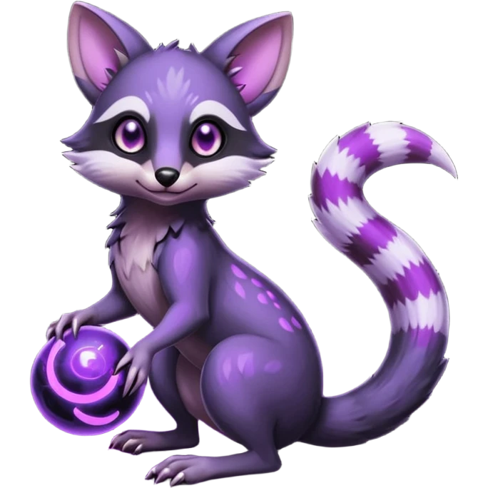 Obsidian-onyx-black and glowing neon-purple, shiny orb eyes, magical fantasy-Genet-Sentret-Marsupial-Possum-Vernid-Sergal-Fakémon-hybrid, by LiLaiRa-griffsnuff, full body emoji