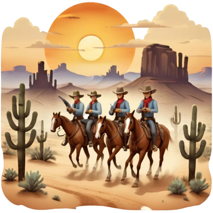 Icon for Western: A vintage movie poster-style design with cowboys on horseback, dusty desert landscape, and a setting sun. Include cowboy hats, revolvers, and an old saloon. The design should have bold typography and a retro cinematic feel. Transparent background. emoji