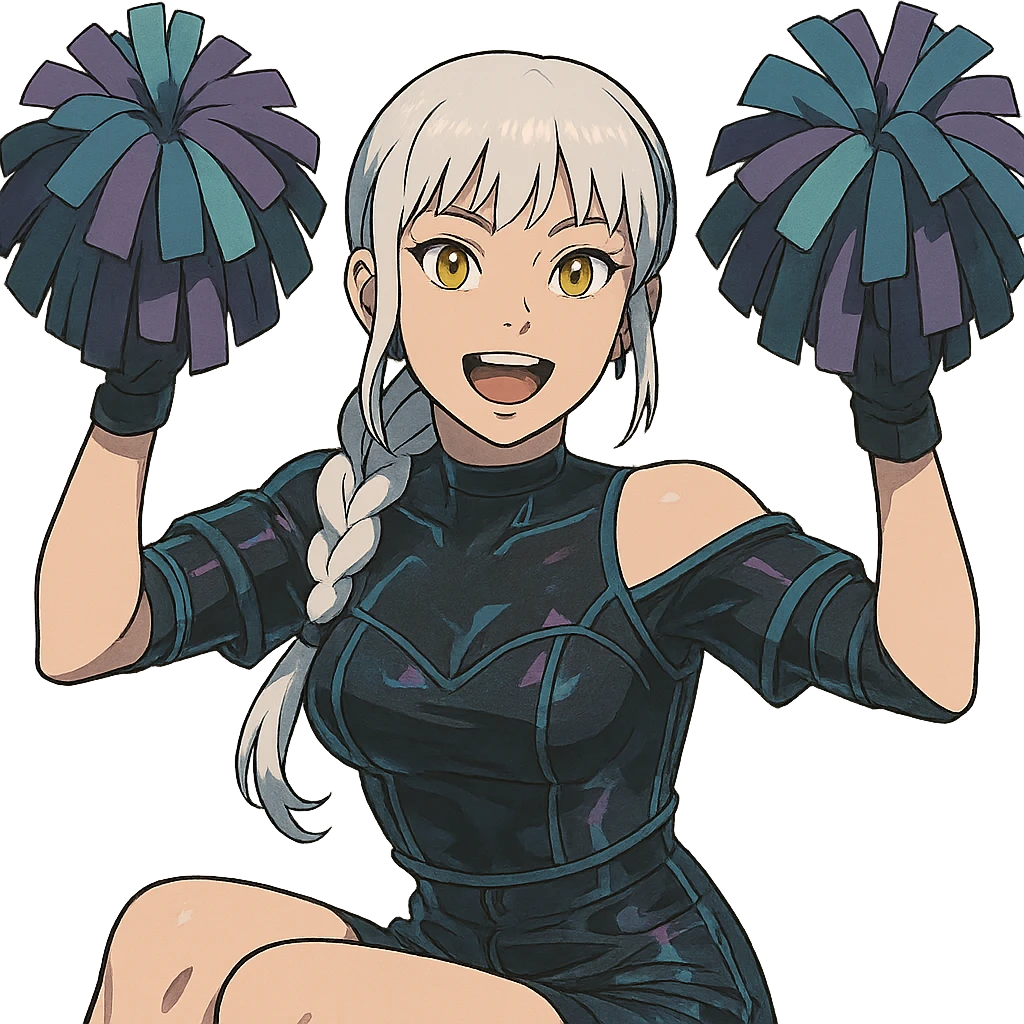  she is waving pom-poms excitedly, a closeup portrait of young woman with gold yellow eyes, white hair, long braid, black off-shoulder top d-cup, punk gothic style, futuristic cyberwave cyberpunk, sitting position
 emoji