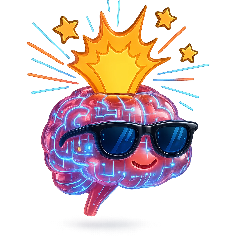 Transform the brain into an AI version, add digital lines, neon lights, and a techy feel, sunglasses and comic-style explosion remain. emoji