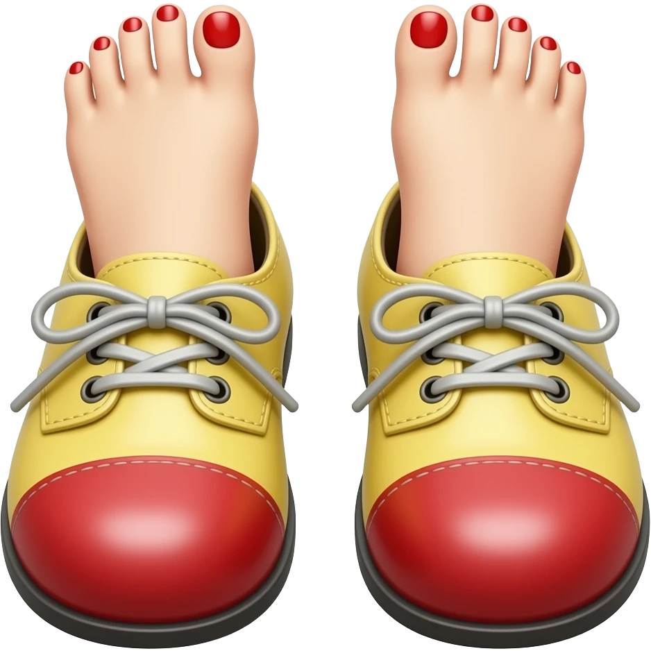 White toes with red toenails stick out of the tip of clown shoes emoji