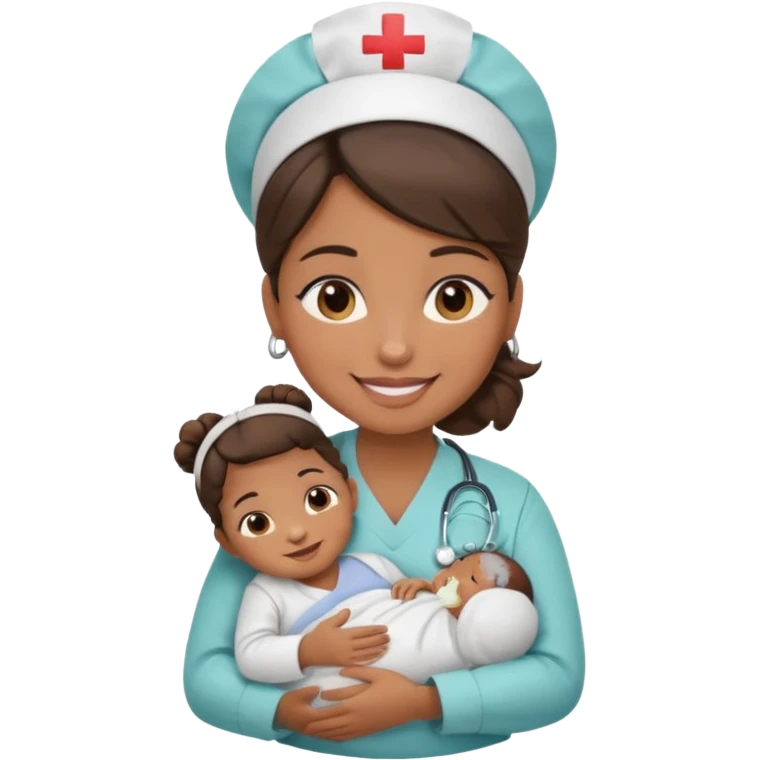 Female nurse smiling with a hair bun on top of head with medium brown skin and brown eyes holding one new born  emoji