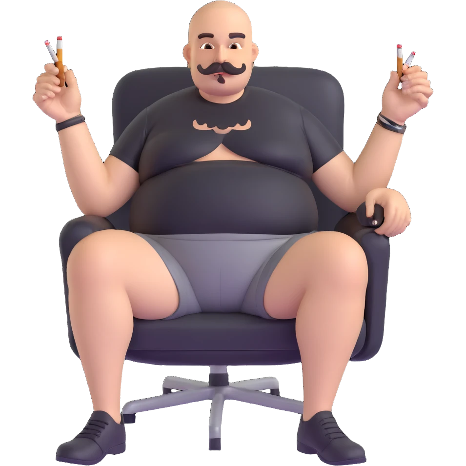 Big man relaxing in chair, legs spread wide, holding cigarette, round face, buzzcut, short beard and mustache, black t-shirt with light stripes at top, exposed belly, black shorts, arms covered in tattoos emoji