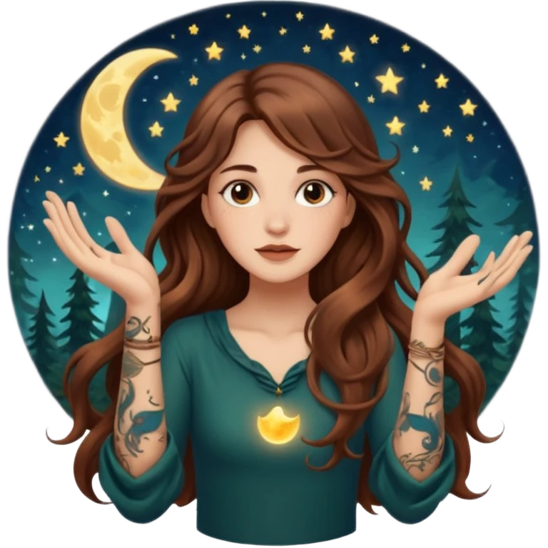 forest mystic woman long wavy brown hair tattoos catching falling moon spark in hands emoji