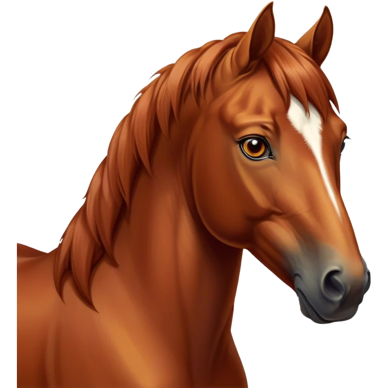 Cinematic Noble Chestnut Horse Portrait Emoji, Poised and regal, with a strong, athletic build and a lustrous, well-groomed chestnut fur, deep-set soulful amber eyes, Simplified yet sharp and sophisticated features, highly detailed, glowing with a warm, dignified glow, high shine, intelligent and majestic, stylized with an air of equine elegance, focused and attentive, soft glowing outline, capturing the essence of a watchful and confident steed, so majestic it feels as though it could gallop out of the screen with effortless authority! emoji