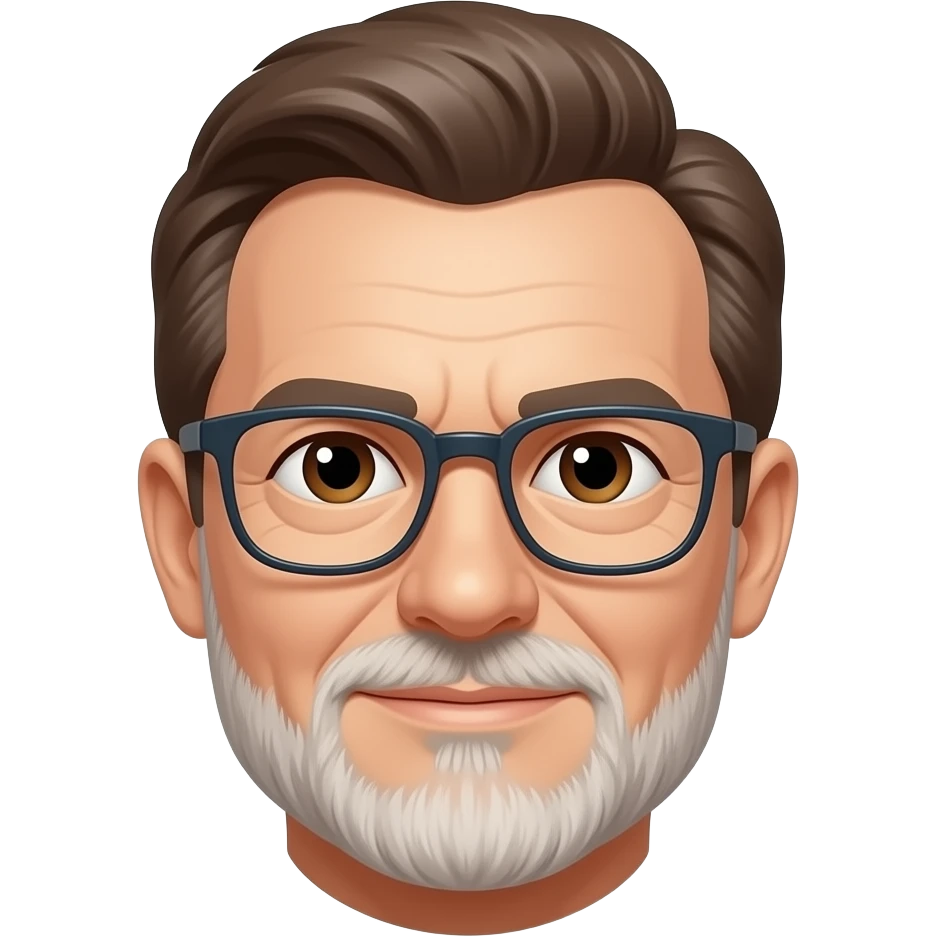 Hombre 60 años pelo marrón con canas gafas ojos marrones pequeños y barba blanca muy corta emoji