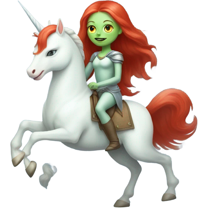[politically incorrect
	{ woman: alien, color: light green, hair:red, eyes:cat} ]
	on a 
	[{ unicorn: white, legged:four, mane: light blue }] emoji