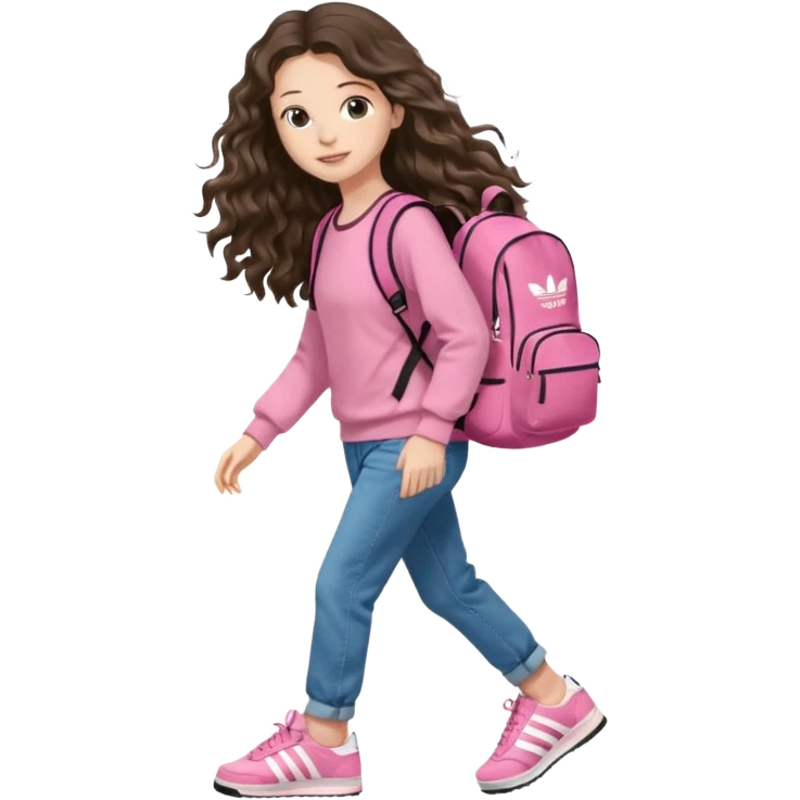 aestethic brunette very,very,very long wavy hair walking with a school backpack (no brand) with a cute jeans, pink sweat, adidas samba shoes emoji