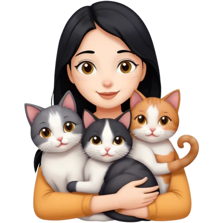 happy girl with black hair hugging three cats  (tricolour cat, gray cat, brown calico cat) emoji