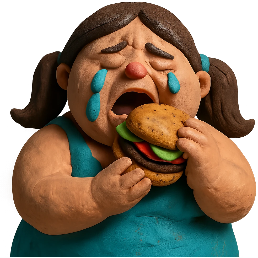 claymation style fat girl crying and eating a burger emoji