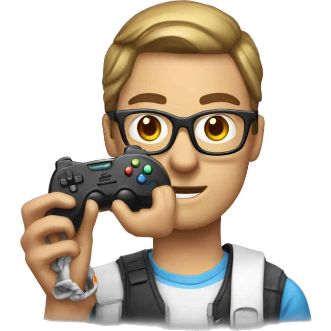 nerd guy in ponytail holding a video game controller emoji
