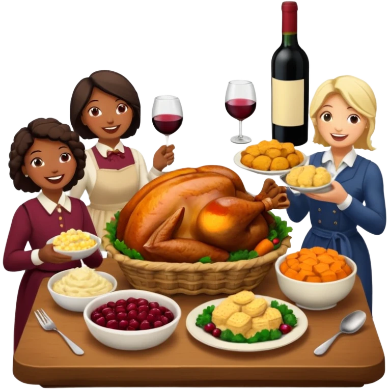 Thanksgiving Dinner with friends of all different races; have the food be a cooked turkey, mashed potatoes, corn, a basket of biscuits, a small bowl of cranberry sauce, baked yams, steamed vegetables, and a bottle of wine. emoji