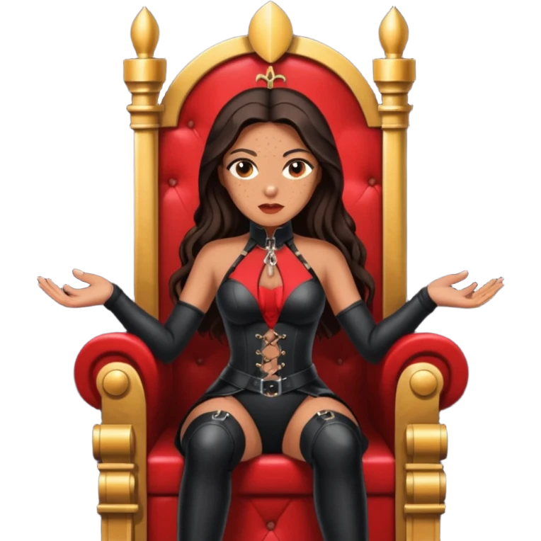 Tan skin with freckles, long dark hair, hazel eyes Dominatrix sitting on a throne emoji
