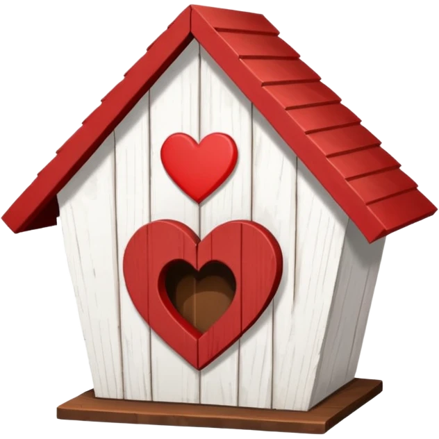 a birdhouse with a normal circular hole and a red roof with the rest white and a heart at the top but below the roof emoji