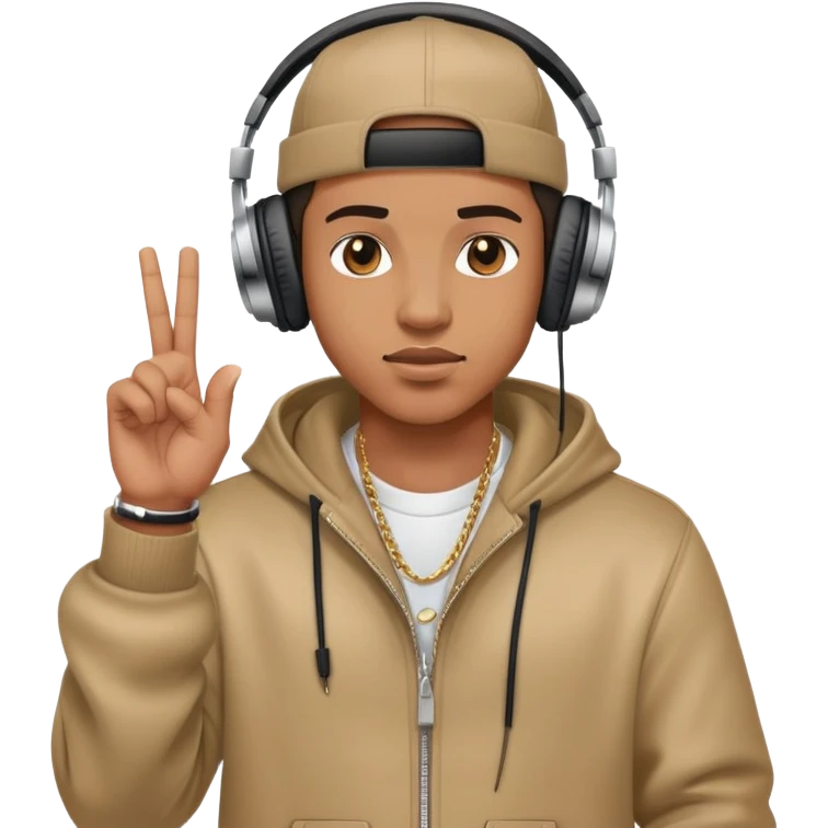 rapper with headphones making hand gestures emoji