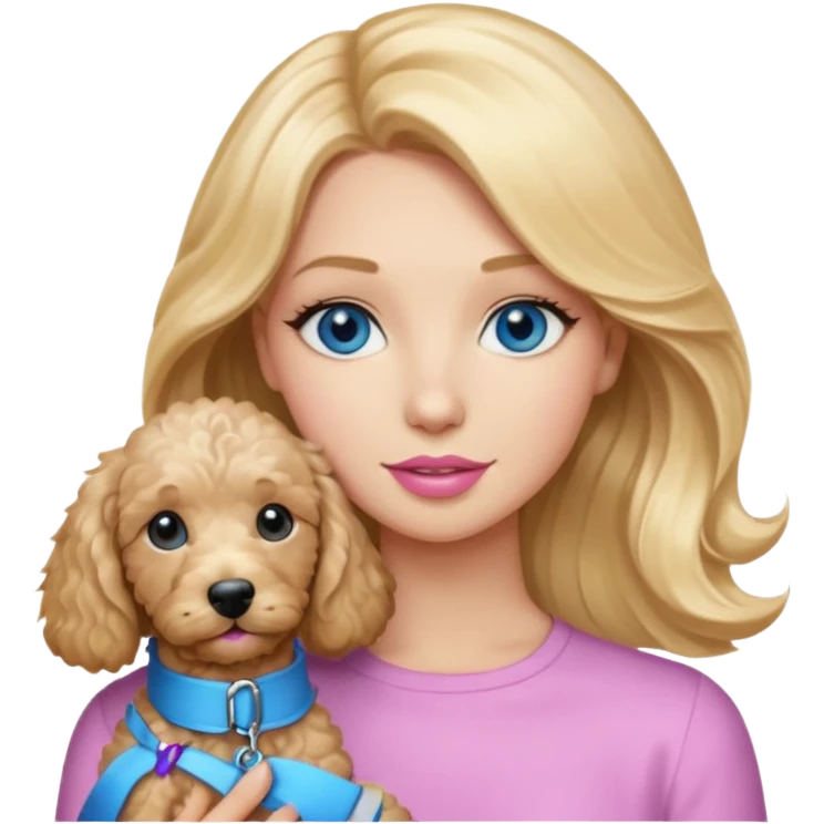 Long, straight, blonde hair, blue eyed woman, wearing soft pink lipstick, holding a wavy blonde, goldendoodle. emoji