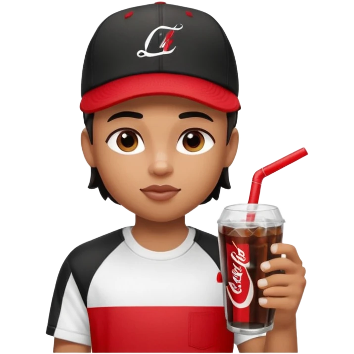 generate a pretty bratz boy with a nike black baseball cap, a white tshirt and drinking coke  emoji