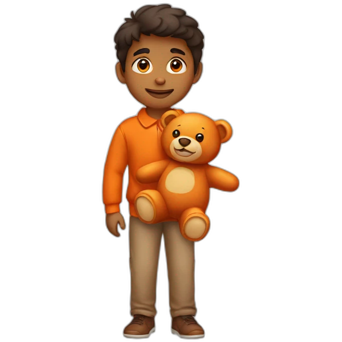 indian kid wearing a collared brown sweater polo holding a orange teddy bear emoji