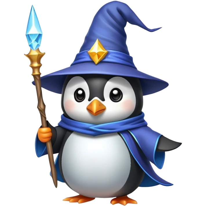 A cute penguin dressed as a wizard with a pointy hat and holding a magic wand emoji