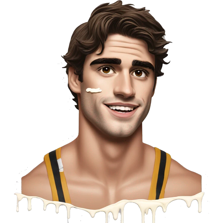 Jacob Elordi in a jock, realistic, splashed drip white glue cream over face emoji