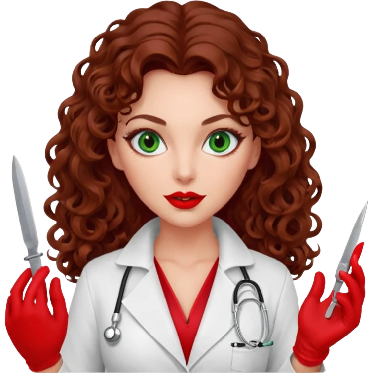 Lilith symbol seductress evil woman. She has green eyes.  had brown long curly hair.  evil surgeon kills with scalpel wears red sexy doctor coat with red mouth cover red gloves emoji
